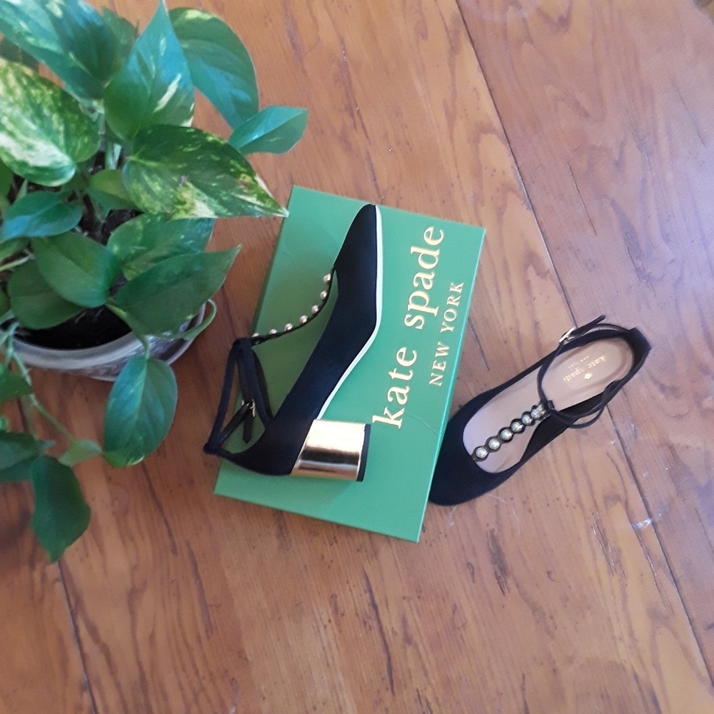 Kate Spade black pearl strap gold block heel